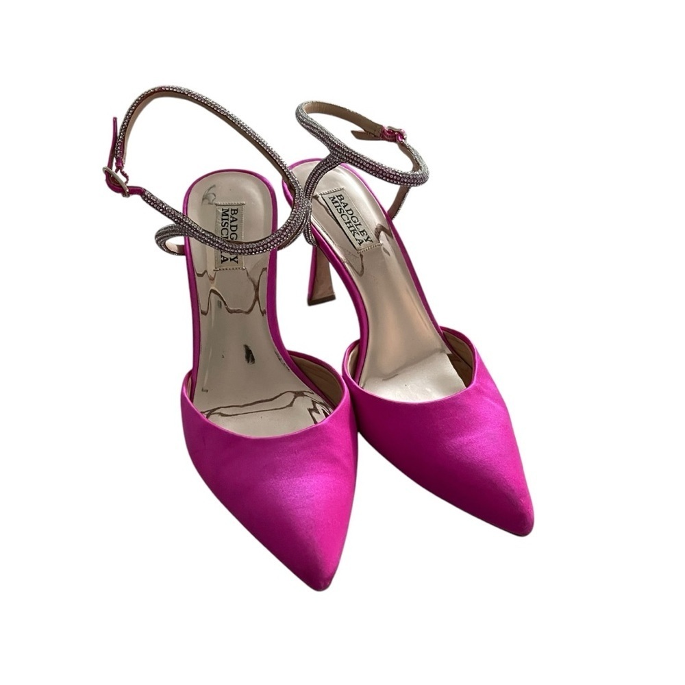 Badgley Mischka Pink Satin Pointed-Toe Heels - Picture 3 of 10